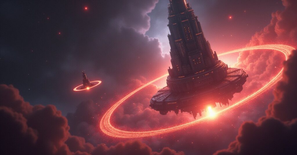 A colossal station command tower expanding through a glowing energy barrier in Star Trek Fleet Command