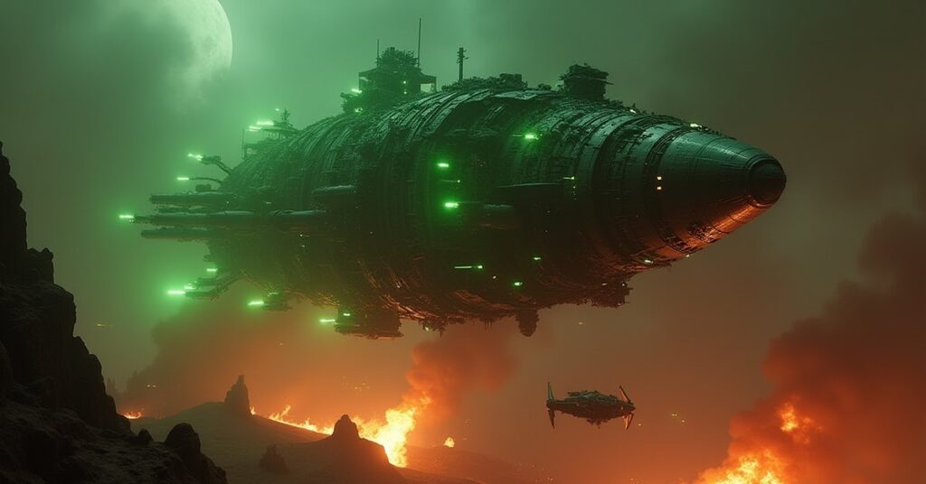 A Borg-assimilated Klingon ship above a burning Klingon world in Star Trek Fleet Command