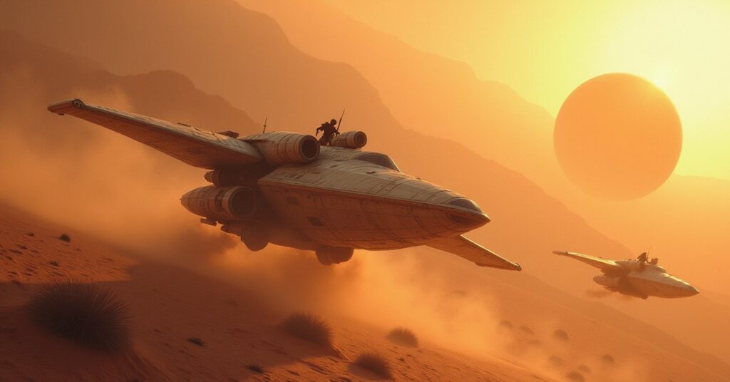 A starship scanning a bandit's raider over a dusty planet in Star Trek Fleet Command