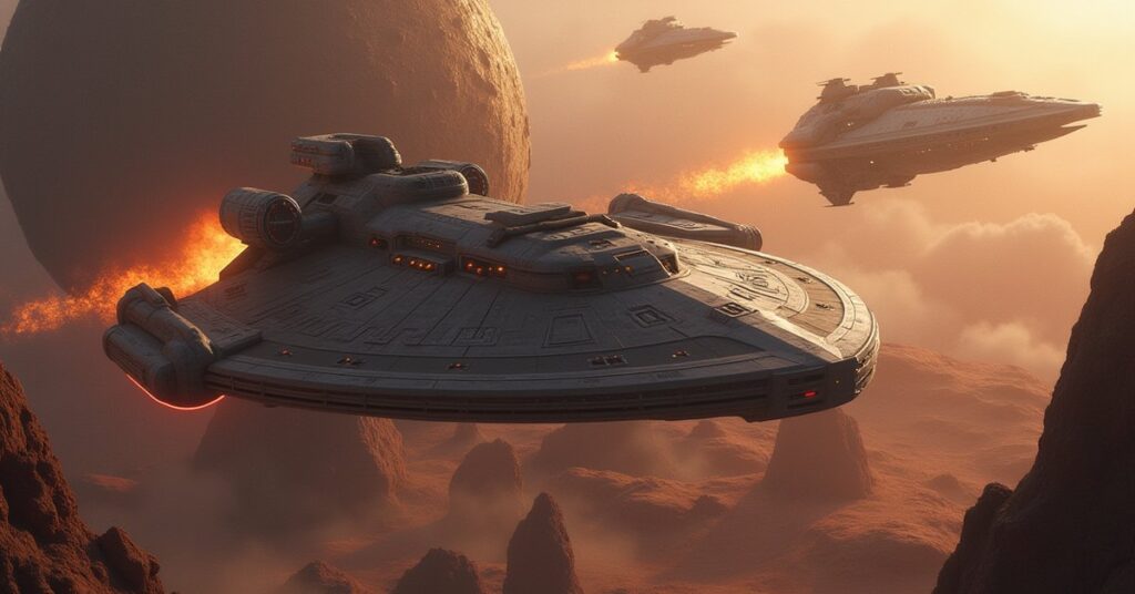 A starship fighting Gorn warships above a rugged world in Star Trek Fleet Command