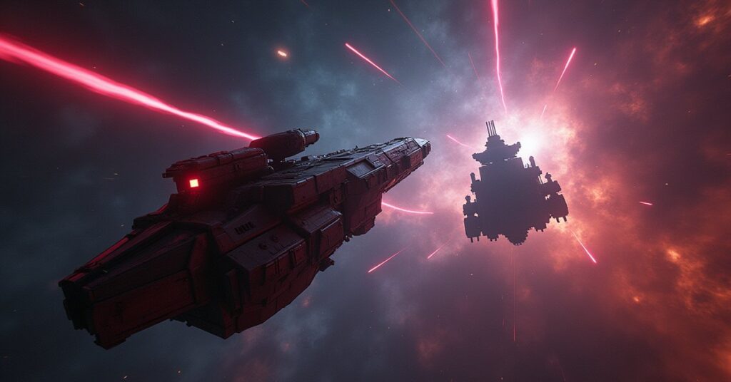 A starship closing on a trader's vessel near a derelict station in a colorful rogue-space nebula