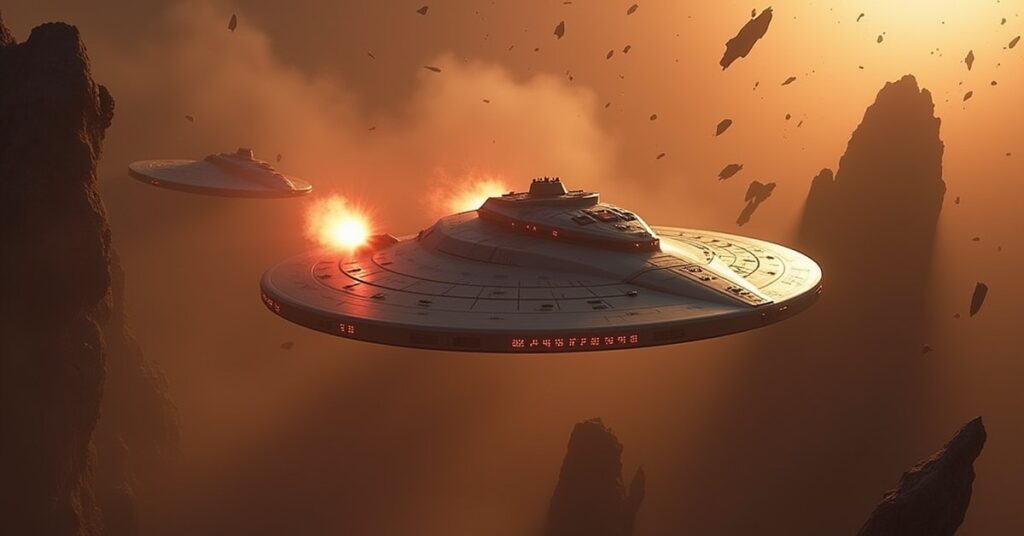 A starship confronting a Klingon battleship near an asteroid belt in Star Trek Fleet Command