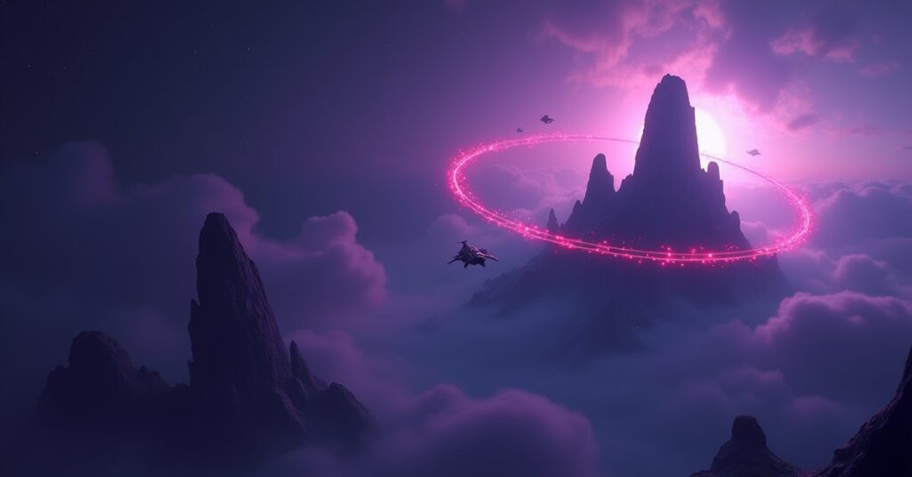 A small starship approaching a landmark asteroid ringed with radio beacons in Star Trek Fleet Command