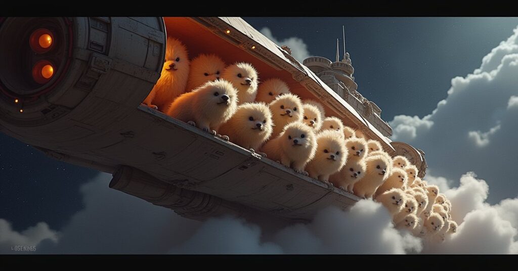 A cargo hold overflowing with Tribbles beside a smuggler's freighter in Star Trek Fleet Command