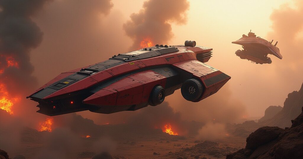 A starship approaching a small red and black ship in a debris field in Star Trek Fleet Command