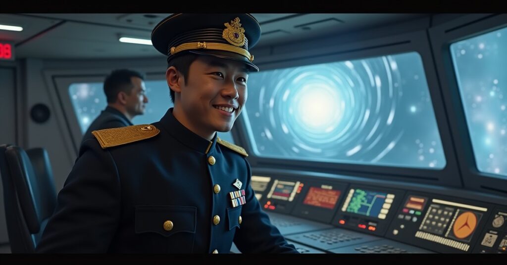 Ensign Kim in an oversized admiral's uniform as Q grins beside him and an anomaly swirls outside