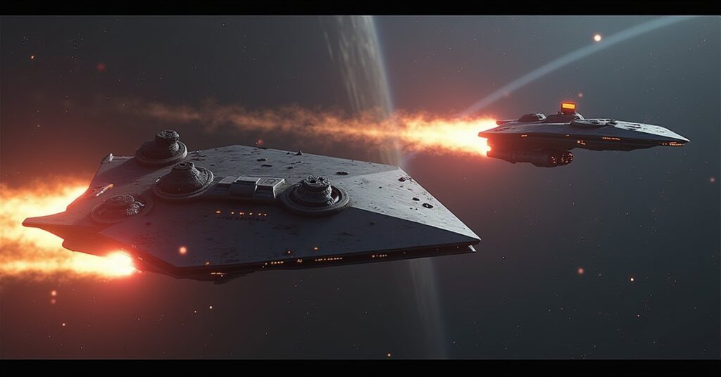Two Klingon warships fighting near the Federation border as another starship arrives in Star Trek Fleet Command