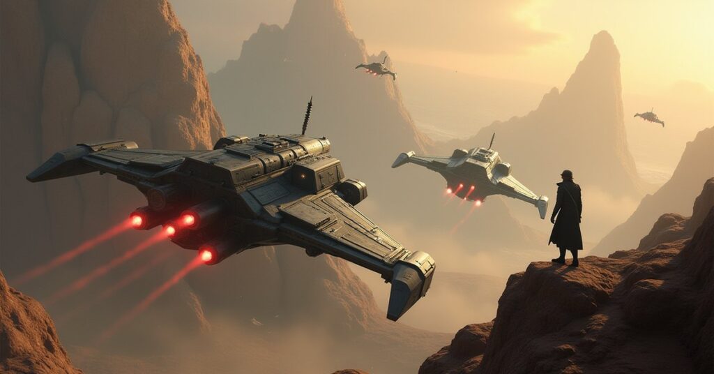 Klingon recruit warships duel above a rocky proving ground as an officer watches from a bird-of-prey
