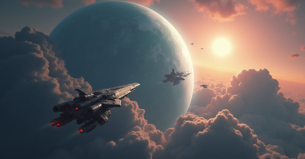 Starships trapping bandit raiders in tractor beams near a gas giant in Star Trek Fleet Command
