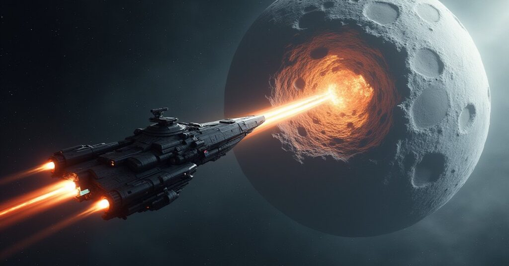 A starship firing torpedoes at a fleeing machine vessel near a shattered moon in Star Trek Fleet Command
