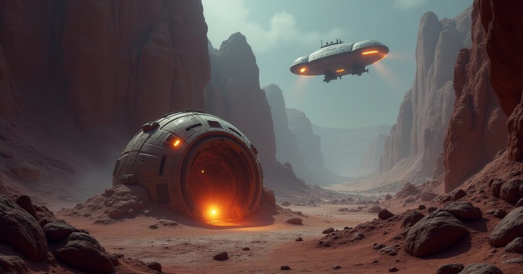 An ancient probe half buried in a canyon under survey lights in Star Trek Fleet Command