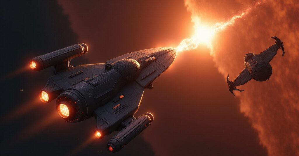 A starship retrieving a glowing device in Klingon space as a warship closes in in Star Trek Fleet Command