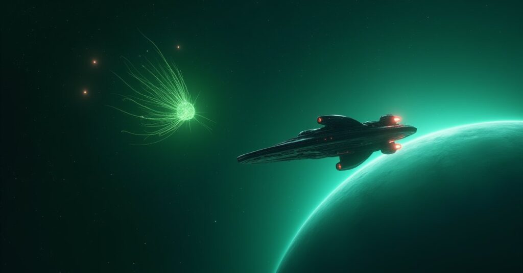 A Federation ship facing a Borg Probe near the Vulcan system in Star Trek Fleet Command