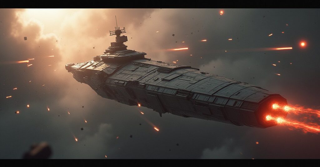 A starship ambushed by decloaking attackers in a debris field in Star Trek Fleet Command