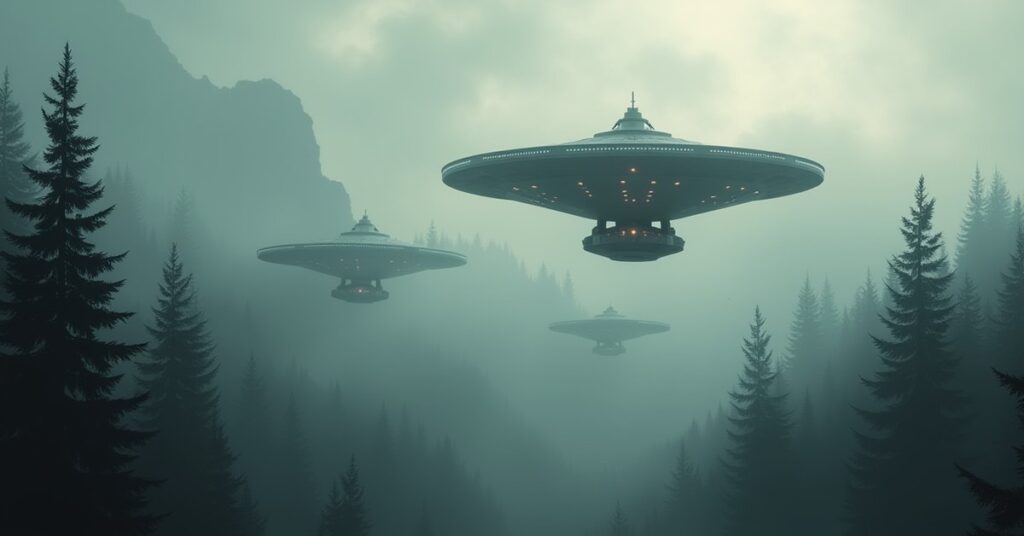 The Strange New Worlds Enterprise above a forest planet as alien Fay vessels rise to attack