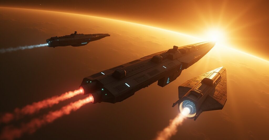A starship towing captured bandit ships toward a Starfleet starbase in Star Trek Fleet Command