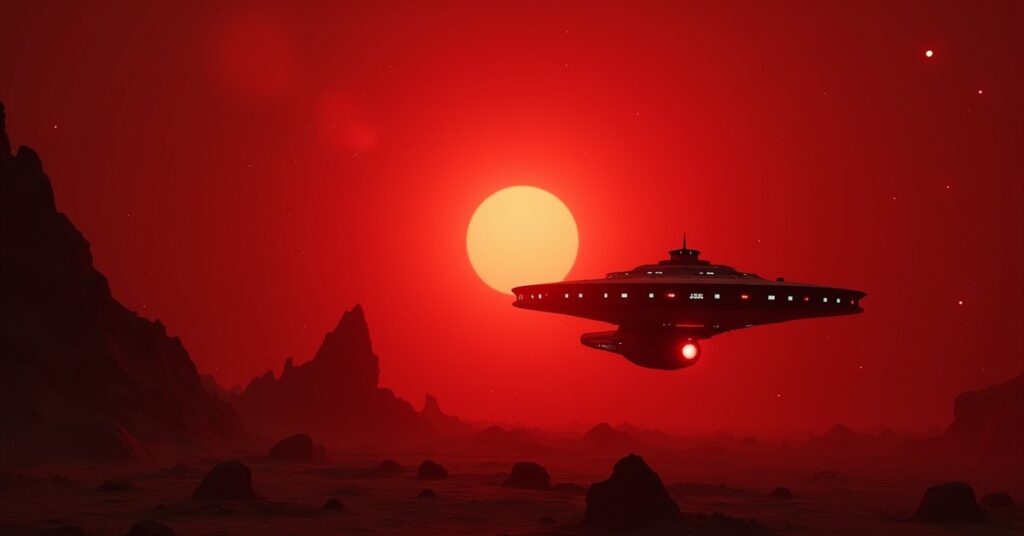 A Federation science ship scanning planetary debris in the Vulcan system in Star Trek Fleet Command