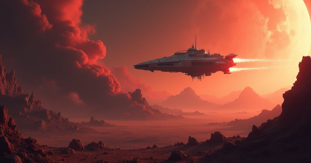 A starship drifting above the debris of a destroyed planet in Star Trek Fleet Command
