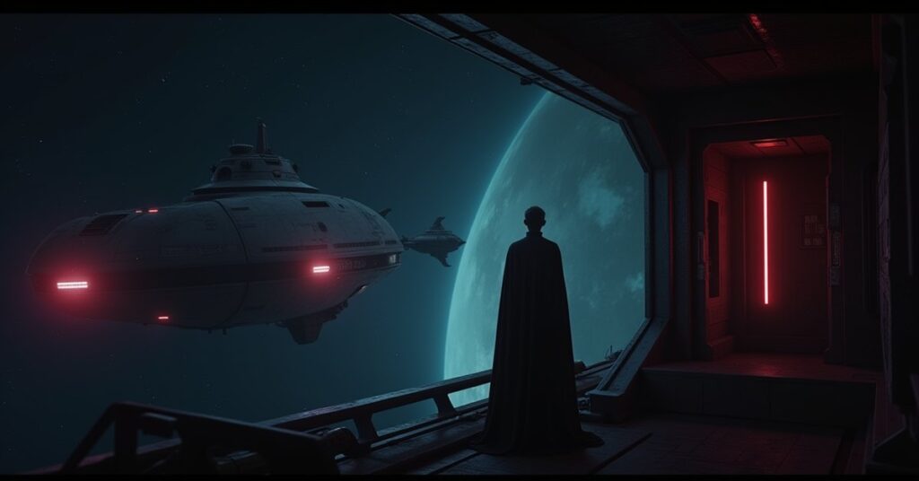 A defiant Klingon prisoner in a starship brig as rival bounty hunter ships close in