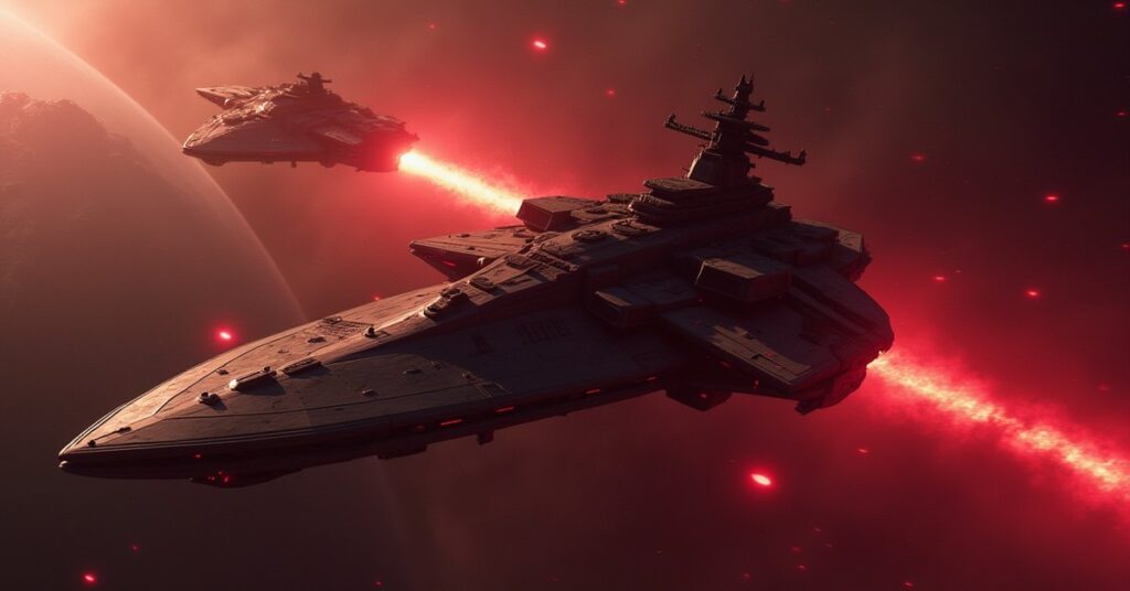 Two Klingon warships exchanging disruptor fire above a Klingon colony in Star Trek Fleet Command