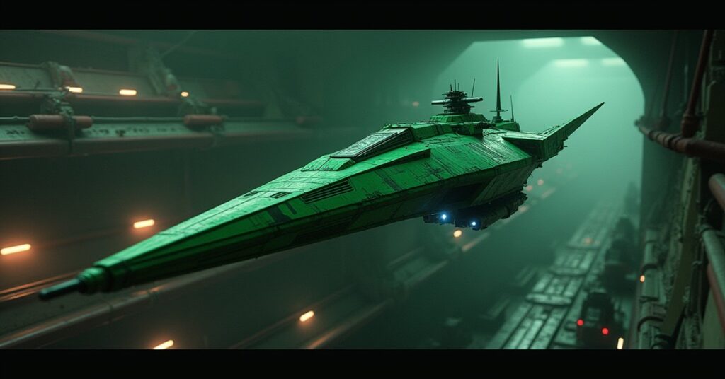 An Orion corvette leaving an orbital shipyard dock in Star Trek Fleet Command