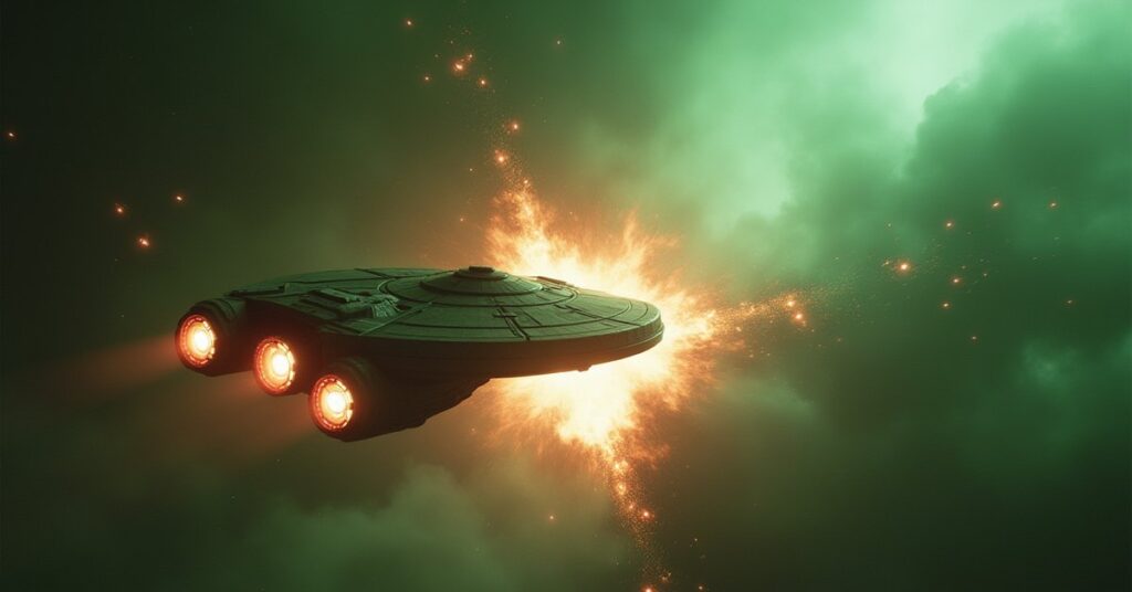 A starship approaching a damaged Romulan station after an explosion in Star Trek Fleet Command