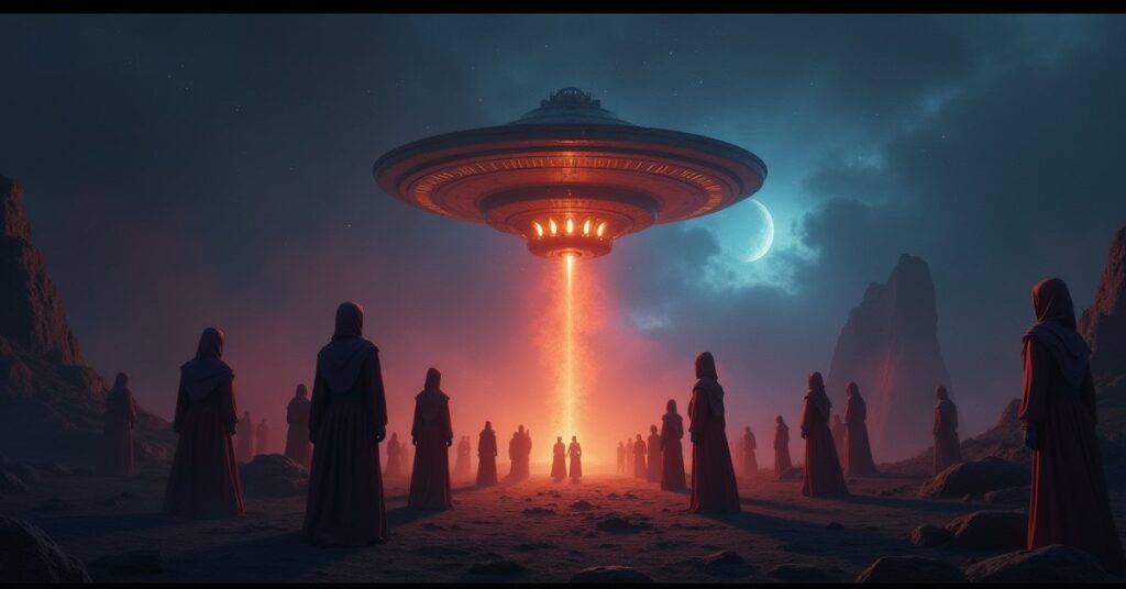 Robed followers gather at a glowing sacred site while a Federation starship hovers overhead