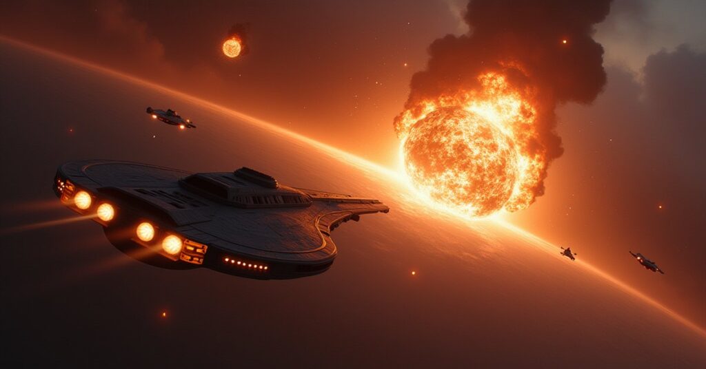 A lone starship facing a Starfleet patrol amid an explosion in Star Trek Fleet Command