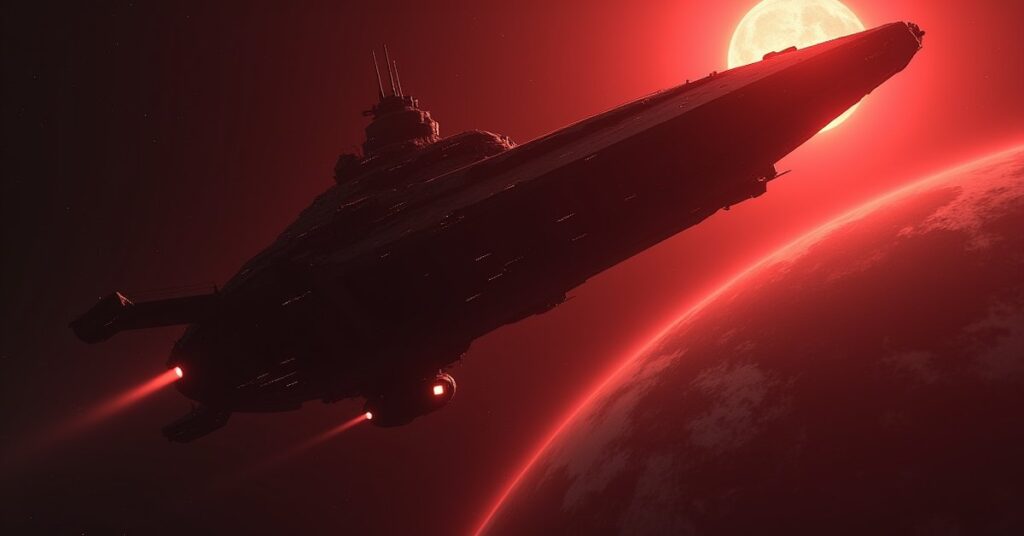 A starship cornering a smaller vessel above a red planet in a tense standoff in Star Trek Fleet Command