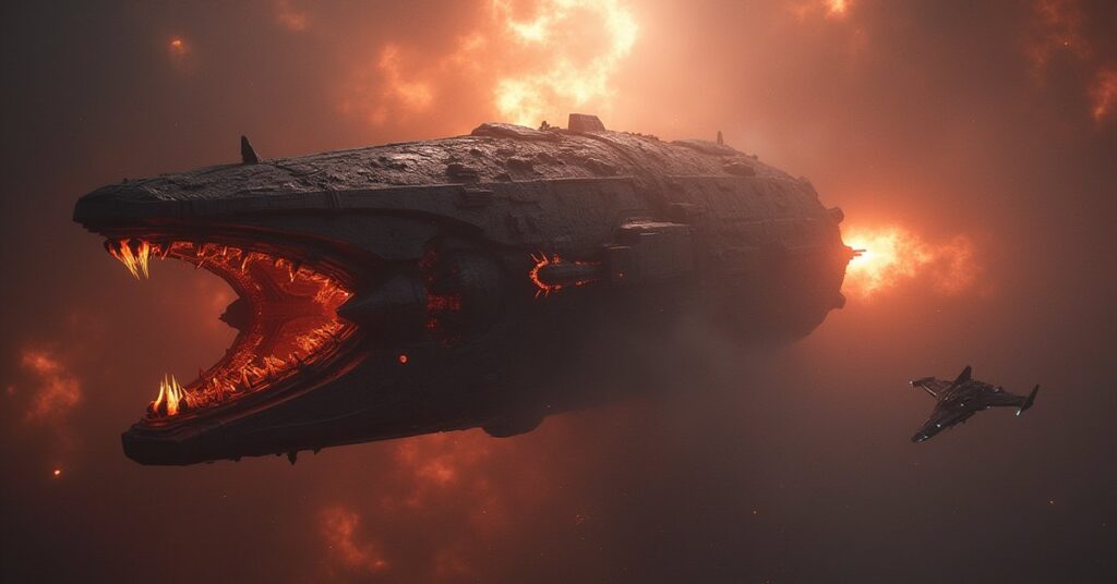An ancient alien warship looming over a smaller starship inside a nebula in Star Trek Fleet Command