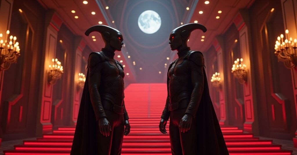 An alien prince and his identical double in a lavish banquet hall on a space station in Star Trek Fleet Command