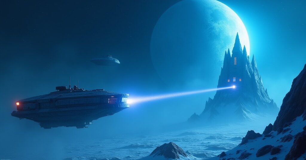 A starship escorting a transport through asteroids to an Andorian checkpoint in Star Trek Fleet Command