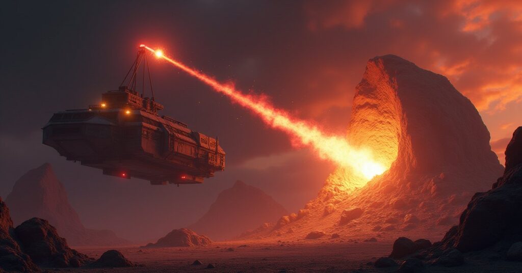 A mining ship harvesting ore from an asteroid beside a large laser drill in Star Trek Fleet Command