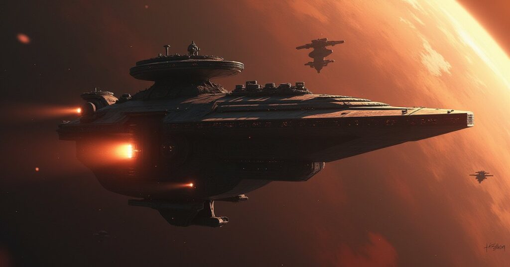 A warship guarding a captured science vessel over a Klingon world in Star Trek Fleet Command