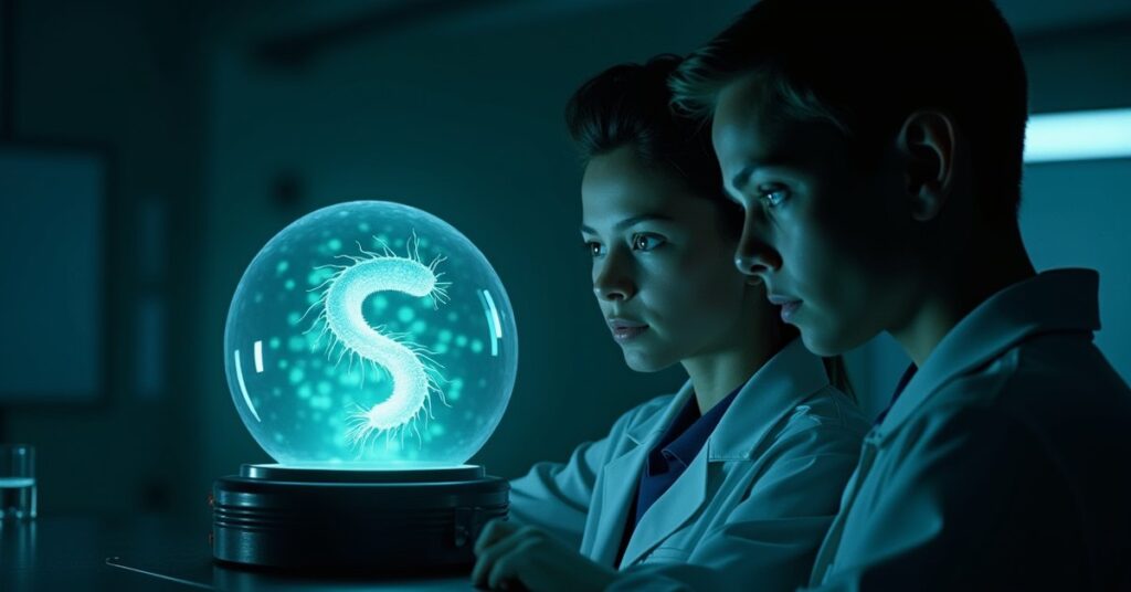 An engineer and an AI hologram study an alien cell sample in a containment field in Star Trek Fleet Command