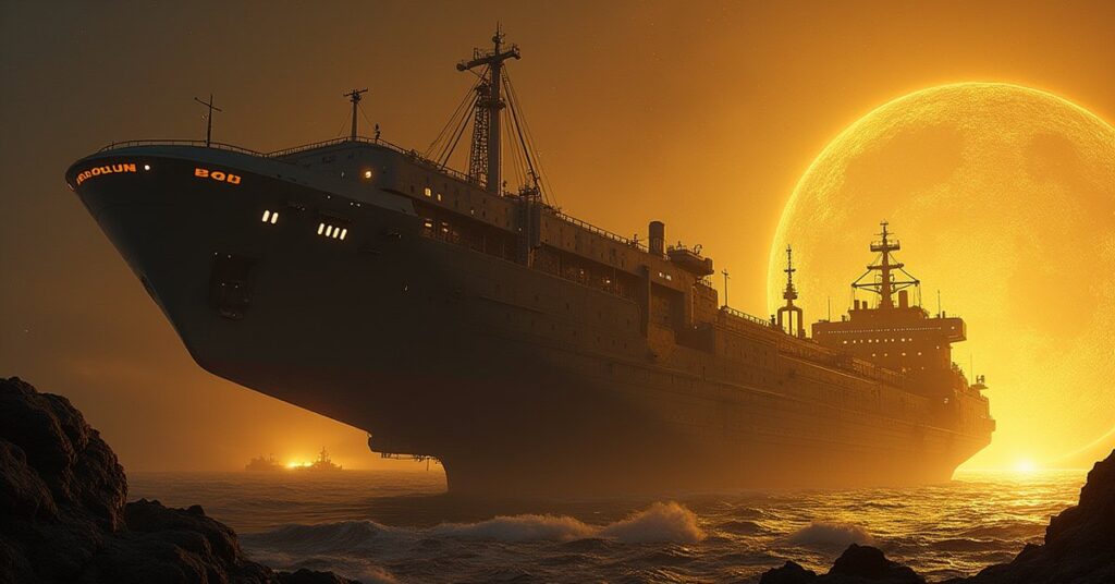 The Fortunate mining ship leaving a shipyard beside an ore-rich asteroid field in Star Trek Fleet Command