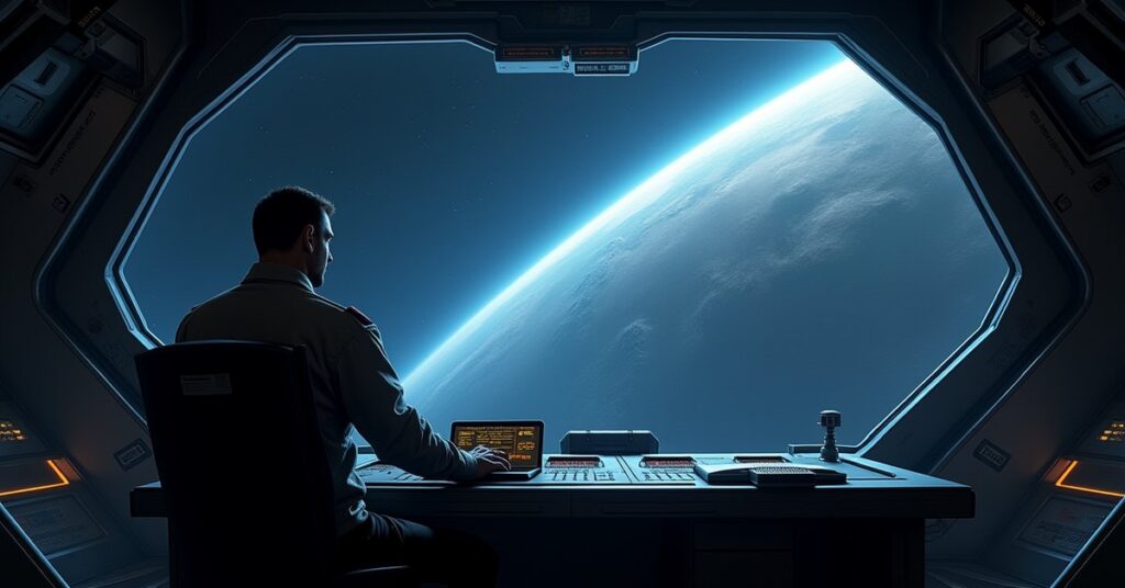 A commander holds a glowing data core at a space station console overlooking an empty star lane