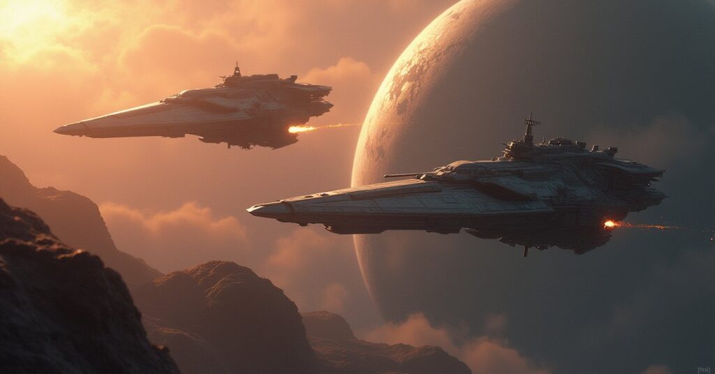 Two ships in a duel above a colony world as Reman ships watch in Star Trek Fleet Command