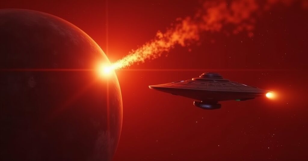 A glowing pillar being deployed above a Klingon world in Star Trek Fleet Command