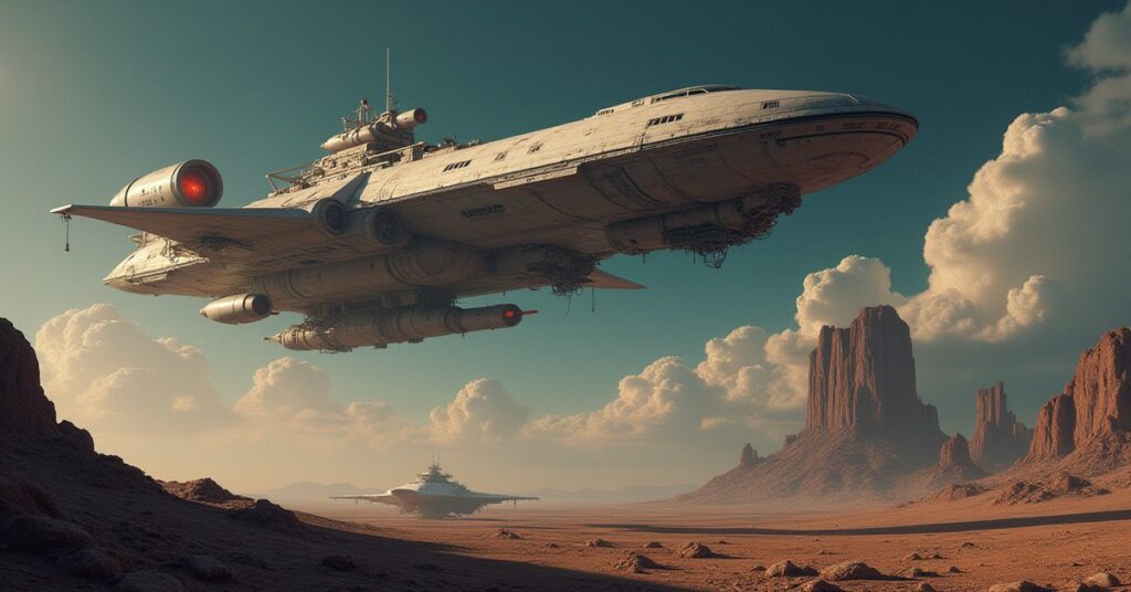A starship pulling escape capsules from a hidden lab on a barren moon in Star Trek Fleet Command