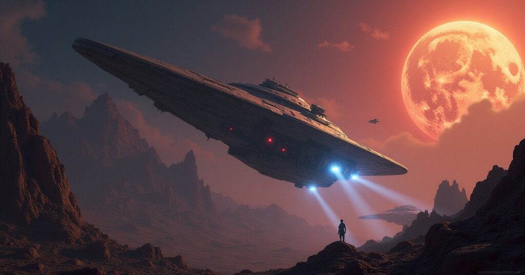 A starship between two rival raider fleets above a rocky planet in Star Trek Fleet Command