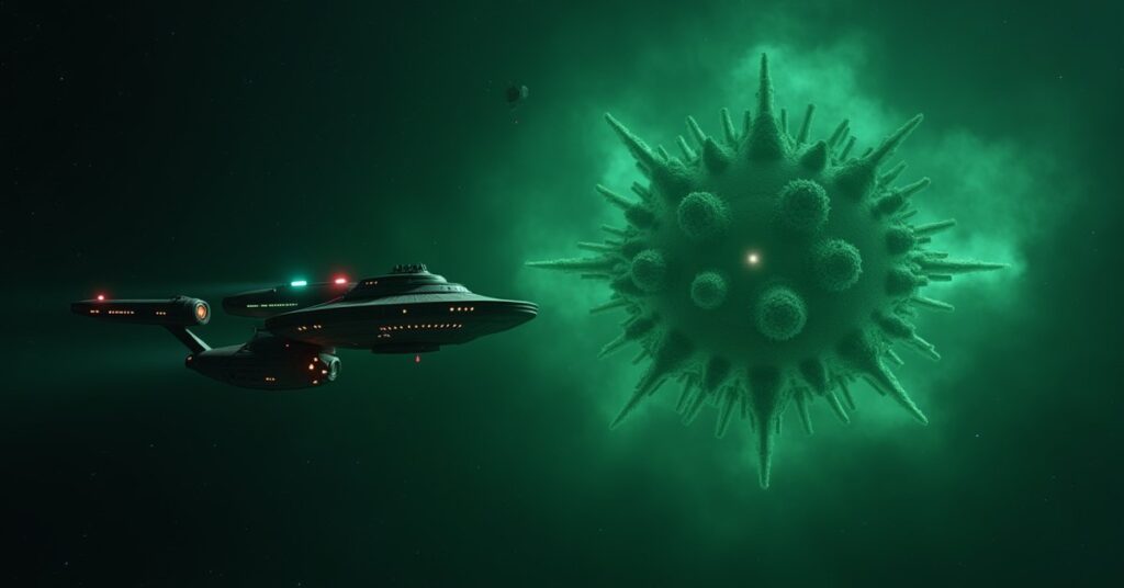 A Vi'dar science vessel near a Borg probe amid glowing green nanoprobe clouds in a swarm system