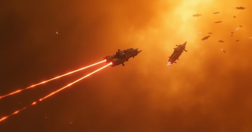 A combat ship defending a freighter from raiders in an amber nebula in Star Trek Fleet Command