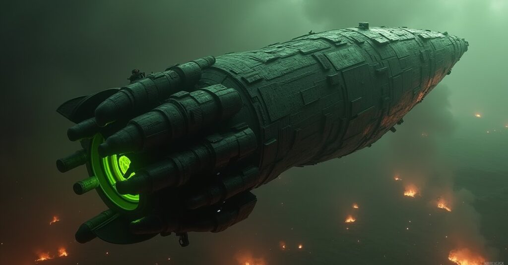 An assimilated starship with Borg plating above a burning colony planet in Star Trek Fleet Command