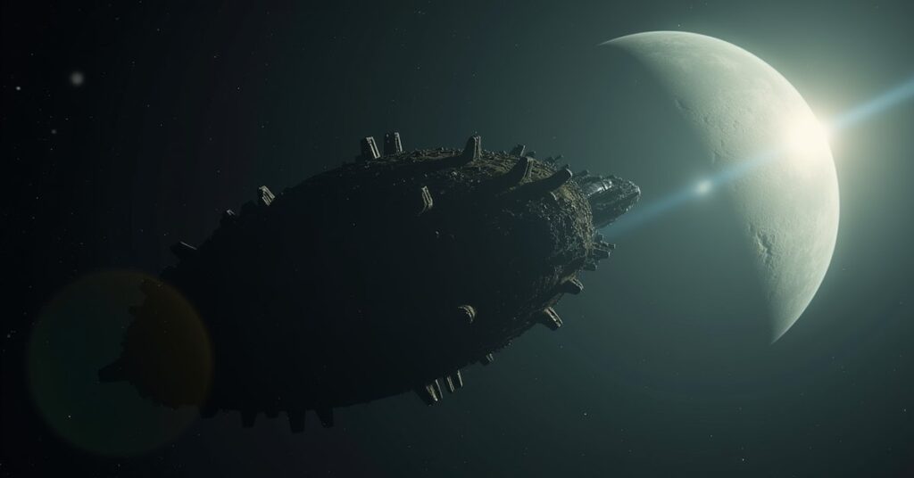A starship scanning a dark derelict Borg probe in deep space in Star Trek Fleet Command