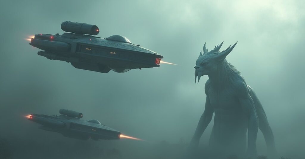 A shapeshifting creature on an alien world below two starships squaring off in Star Trek Fleet Command