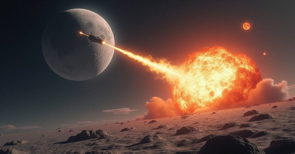 A hidden arsenal explodes beneath a moon as a starship fires on a satellite in Star Trek Fleet Command