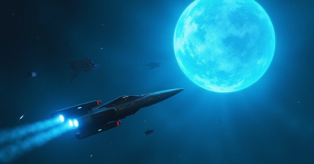 The USS Defiant escorting a shuttle toward the planet Trill with Jem'Hadar ships in the distance
