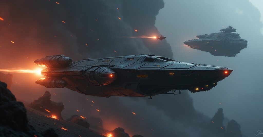 A starship escorting a trader past a wrecked Orion ship in Star Trek Fleet Command