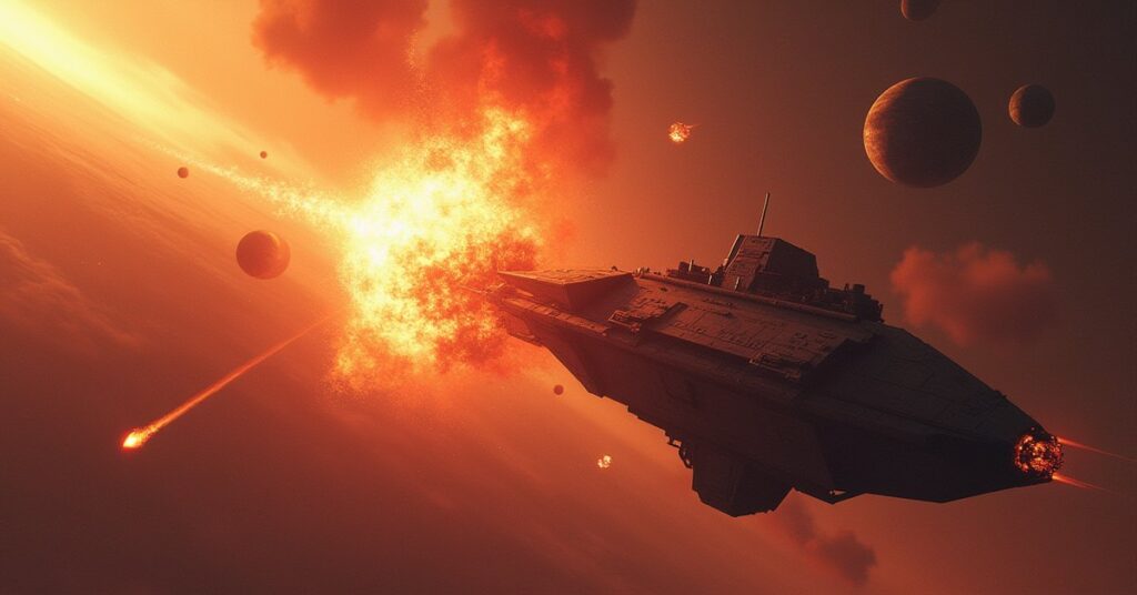 A small ship crashing into an alien outpost in a bright explosion in Star Trek Fleet Command